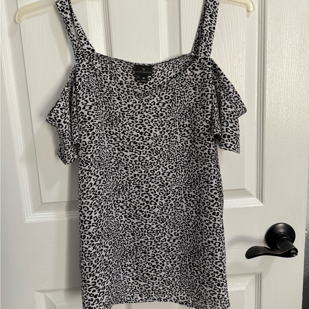 Worthington Black and White Leopard Print Cold Shoulder Blouse - Picture 1 of 3